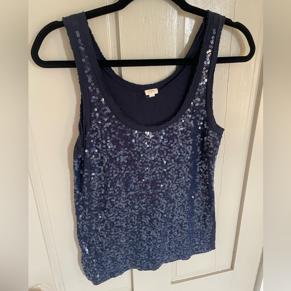 J. Crew Blue Sequin Sparkle Sleeveless Tank Top Raw Hem 100% Cotton Comfy Fun - Picture 2 of 12